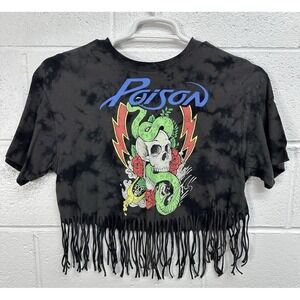 Poison 2023 Tie Dye Crop Fringe Hem Tee Top Womens Size Small Black 80s Band